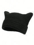 Solid black crochet cat ear beanie with soft cube shape