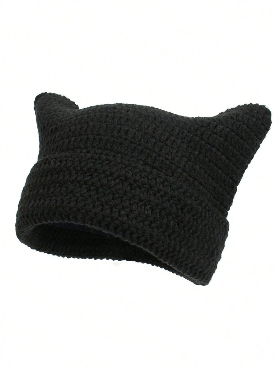 Solid black crochet cat ear beanie with soft cube shape