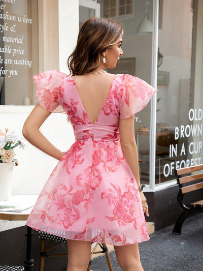 Random Flower Printed Sweetheart Neckline Elegant Women's Sleeveless Summer Dress