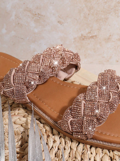 Golden Glamour: Women's Flat Sandals with Glitter Detail