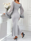 Elegance Personified: Purple Ruffle Trim Trumpet Sleeve Mermaid Hem Dress