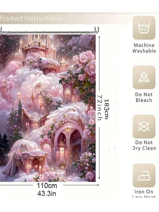 Dreamy Pink House Pattern Printed Shower Curtain: Easy Installation with Hooks Included