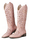 Rhinestone Cowgirl Chic: Embroidered Cowboy Boots with Chunky Mid Heel