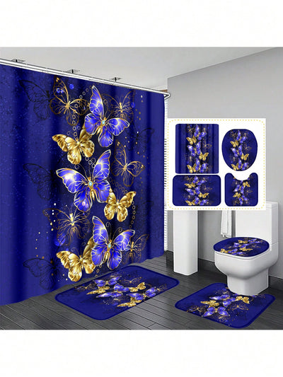 Bohemian Butterfly Shower Curtain & Anti-Slip Bath Mat Set - Waterproof & Insulated Home Decor