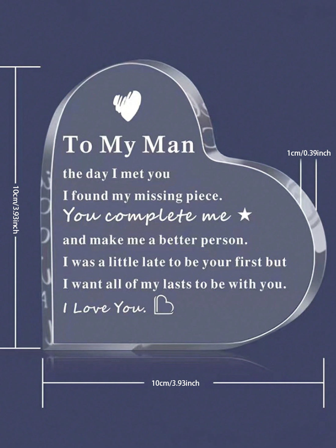 Surprise your boyfriend with our Charming Acrylic Heart-Shaped Desktop Ornament! Made of high-quality acrylic, this unique gift will add a touch of love to his desk. Perfect for any occasion, it's a thoughtful and playful way to show your affection. Get ready to make his heart skip a beat!