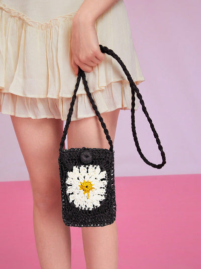 Beach Chic: Crochet Color Block Flower Crossbody Bag for Summer Vacations