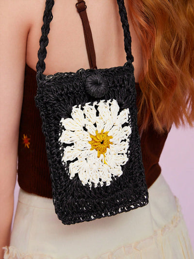 Beach Chic: Crochet Color Block Flower Crossbody Bag for Summer Vacations