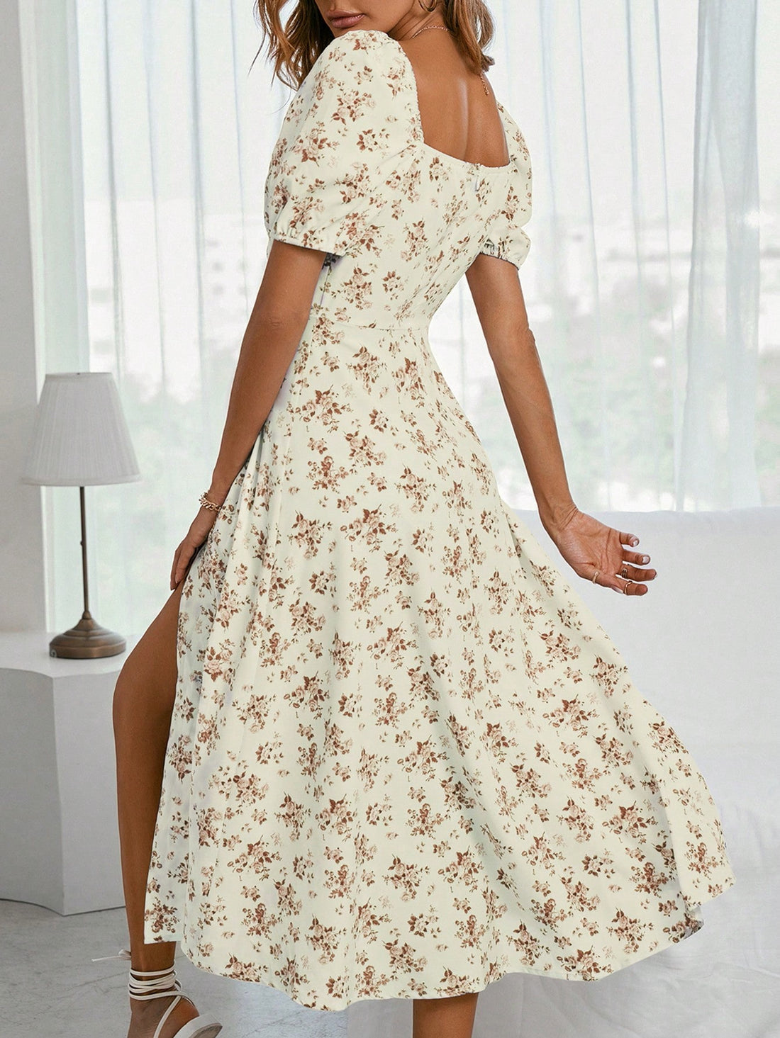Women's Full Flower Printed High Slit Dress: Vacation Ready Style