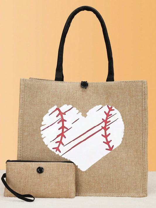 Chic Baseball Pattern Tote Bag Set: The Perfect Valentine's Day Accessory for Summer Fun!