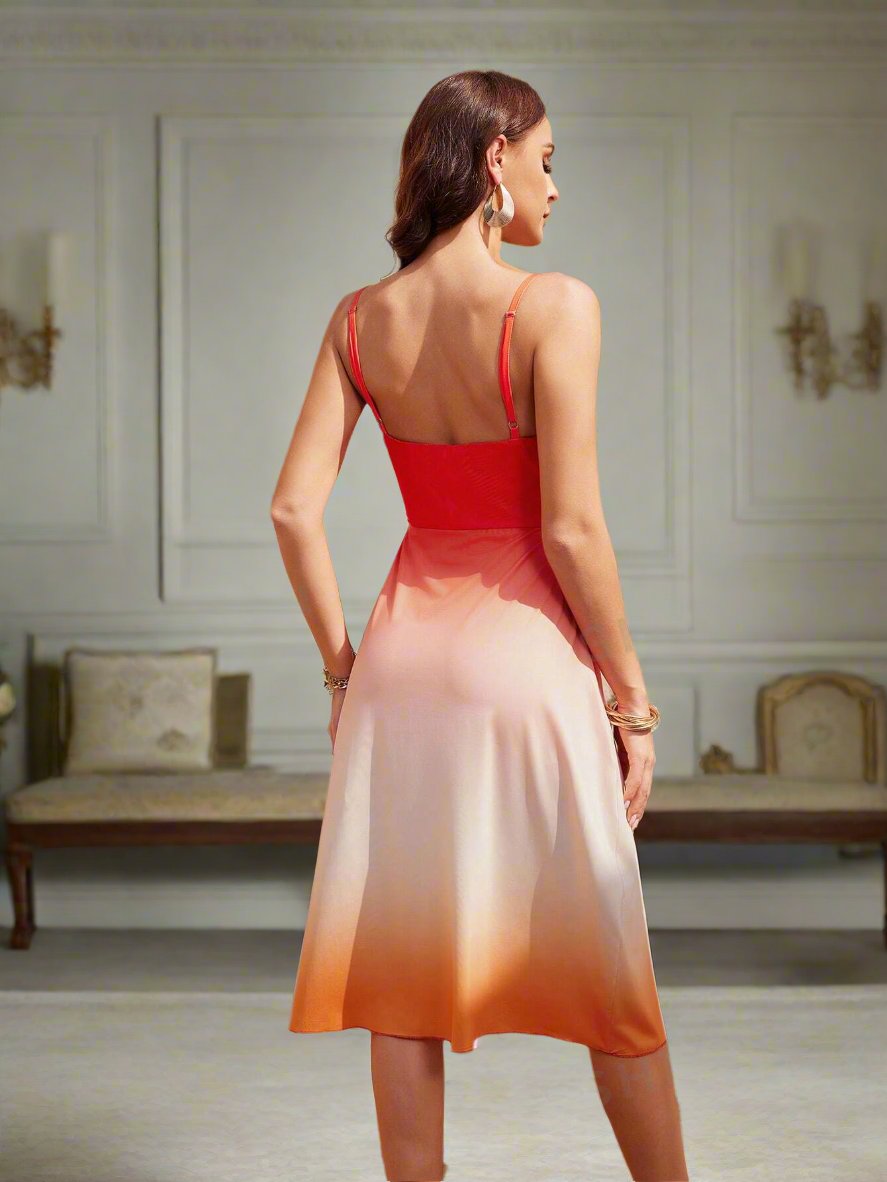 This Sunset Serenade cami dress boasts a beautiful ombre gradient design that will make any woman feel elegant and stylish. The soft and lightweight fabric offers breathable comfort, perfect for a day out or a night on the town. Elevate your wardrobe with this must-have dress.