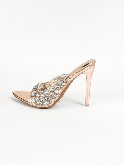 Sparkle and Shine: Women's High-Heeled Pointed-Toe Sandals with Clear Heels and Rhinestones - Perfect for Parties and Gatherings