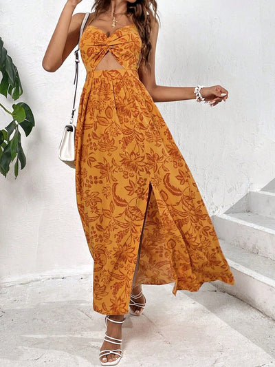 Floral Twist-Knot Hollow-Out Split Dress - Effortless Summer Elegance