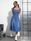 This Denim Spaghetti Strap Dress effortlessly combines style and versatility, making it a must-have for any occasion. Made from high-quality denim, it offers both comfort and durability. Whether you're dressing up or keeping it casual, this dress will elevate your look with its sleek silhouette and timeless design.