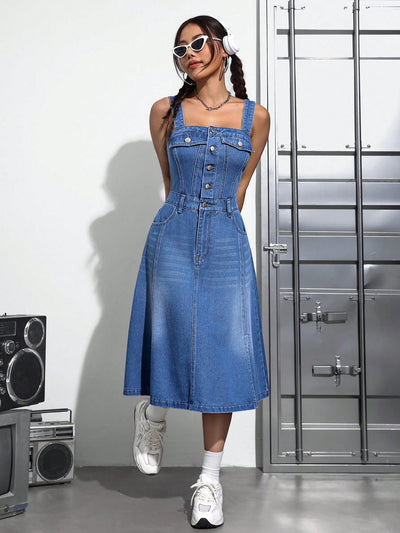 This Denim Spaghetti Strap Dress effortlessly combines style and versatility, making it a must-have for any occasion. Made from high-quality denim, it offers both comfort and durability. Whether you're dressing up or keeping it casual, this dress will elevate your look with its sleek silhouette and timeless design.