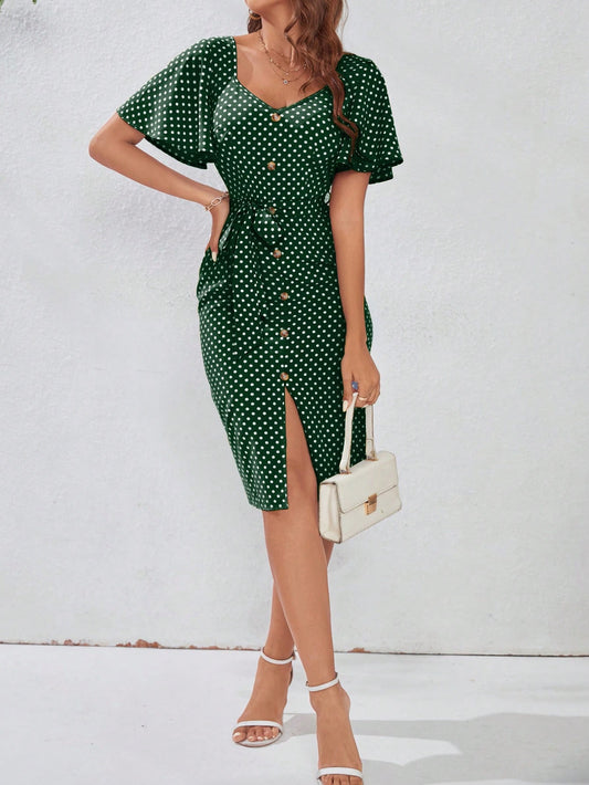Dainty Darling: Frenchy Polka Dot Print Dress with Sweetheart Neck Button Decor