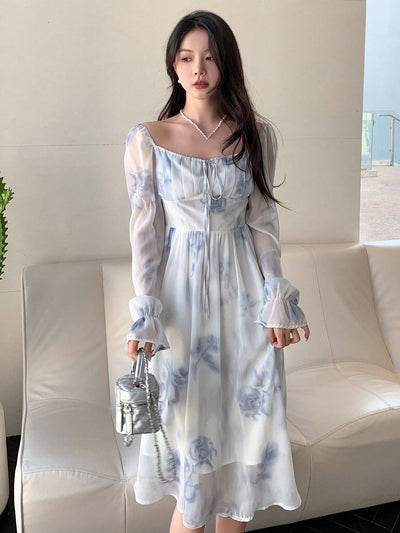 Floral Bliss: Women's Elegant Long Dress with Square Collar and Flare Sleeves