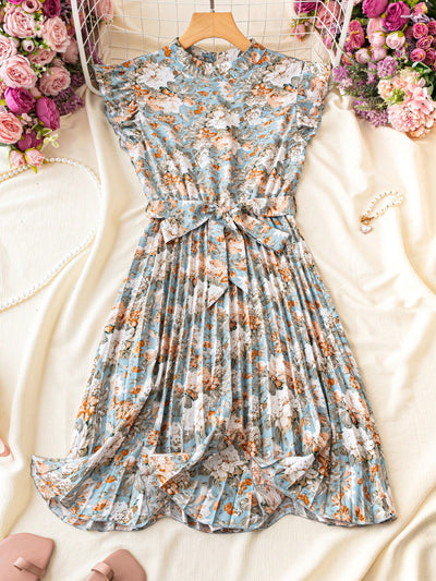 Floral Fantasy: Flower Printed Mini Vacation Dress with Cinched Waist