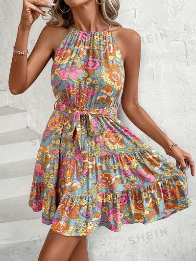 Floral Fantasy: Clasi Elastic Waist Ruffle Hem Summer Dress