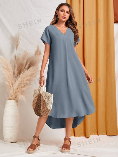 Dreamy Dusty Blue V-Neck High-Low Dress: Perfect for Spring