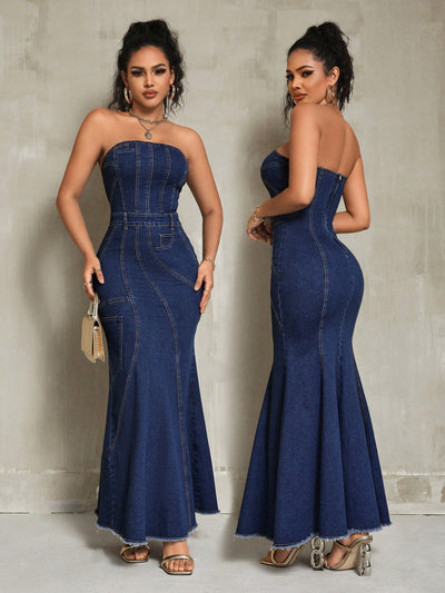 Summer Fashion: Frayed Hem Fish Tail Strapless Denim Dress