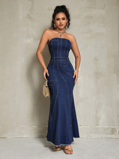 Summer Fashion: Frayed Hem Fish Tail Strapless Denim Dress