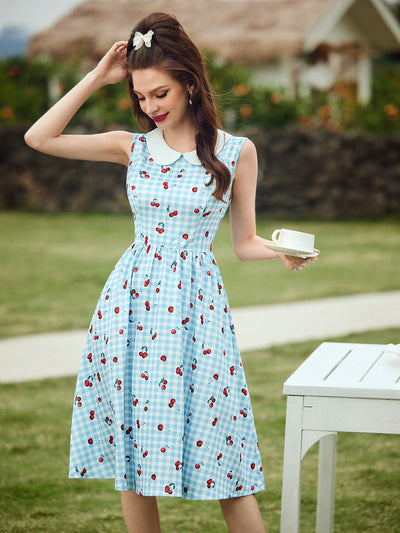 Vintage Chic Plaid Cherry Print Dress for Kentucky Derby and Summer Events