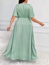 Chic & Elegant Plus Size V-Neck High Split Dress with Flare Sleeves