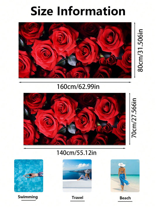 Red Rose Paradise: Ultra-Fine Fiber Absorbent Beach Towel for Swimming, Bathing, and Outdoor Travel