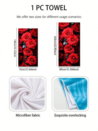 Red Rose Paradise: Ultra-Fine Fiber Absorbent Beach Towel for Swimming, Bathing, and Outdoor Travel