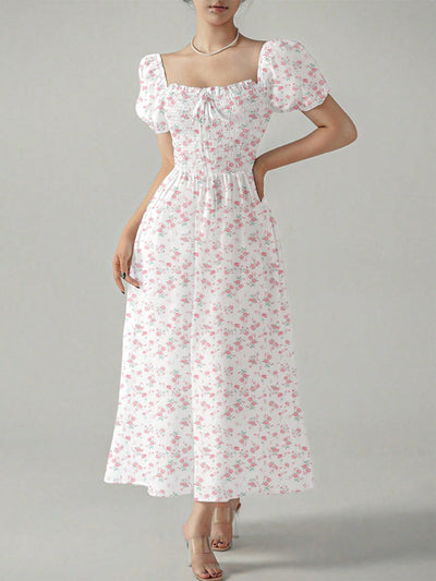 Chic Unity Ditsy Floral Print Puff Sleeve Dress with Knot Front Detail