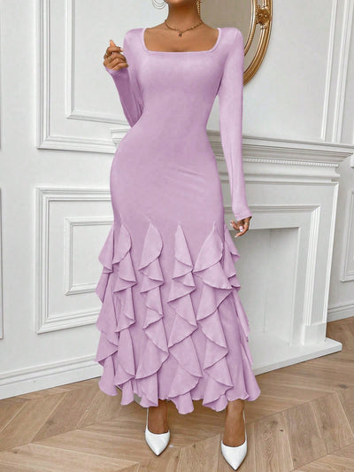 Chic Sophistication: Solid Color Frill Trim Fish Tail Bodycon Dress