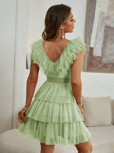 Chic and Elegant: Dobby Mesh Ruffle Trim Belted Dress