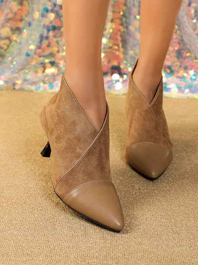 Chic Khaki Faux Suede & Leather Ankle Boots with Pointed Toe and Back Zipper