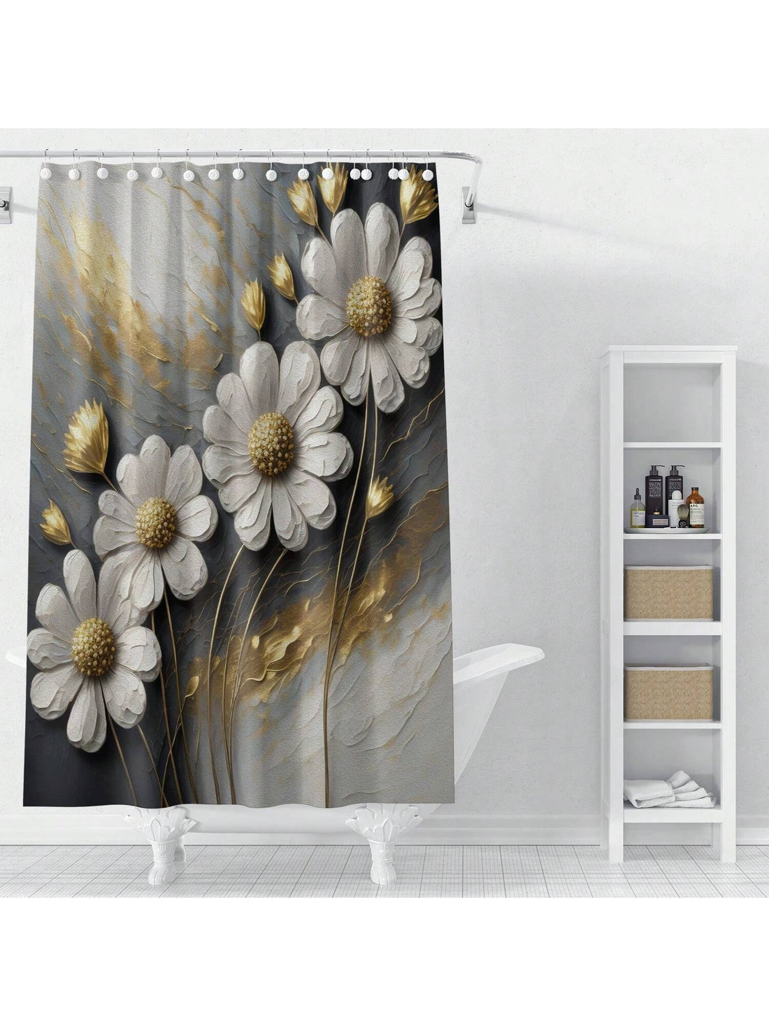 Add a touch of elegance to your bathroom with our Golden Texture Floral Boho Daisy Shower Curtain Set. Crafted with a modern design and including hooks, this set is both stylish and functional. Made of high-quality material, it's sure to give your bathroom a luxurious and polished look.