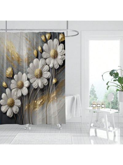 Golden Texture Floral Boho Daisy Shower Curtain Set: Modern Bathroom Decor with Hooks