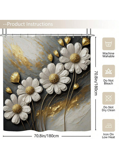 Golden Texture Floral Boho Daisy Shower Curtain Set: Modern Bathroom Decor with Hooks