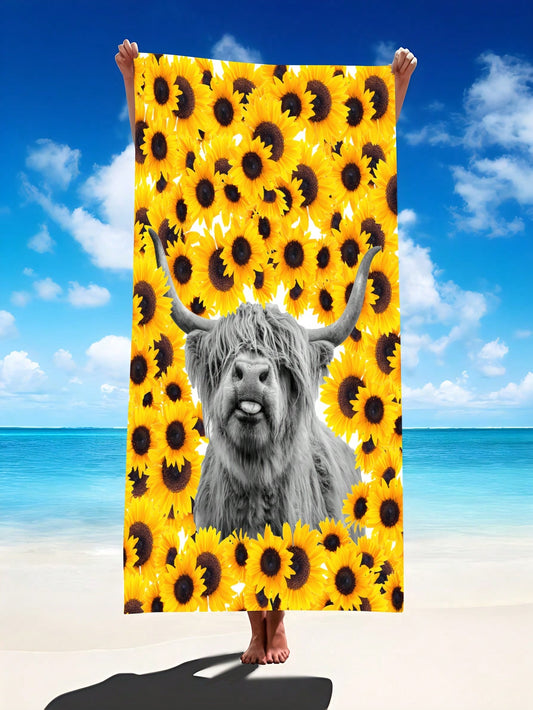 Bring a touch of whimsy and fun to your beach trips with our Sunflower Highland Cow Oversized <a href="https://canaryhouze.com/collections/towels" target="_blank" rel="noopener">Beach Towel</a>. Made with soft and absorbent material, this towel is perfect for adults and kids alike. With its oversized design, it's the ultimate travel and beach companion.