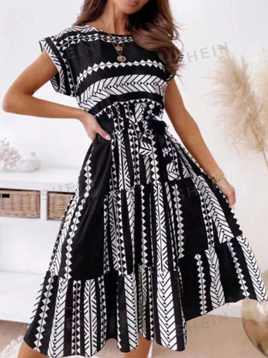 Chic and Stylish: Geometric Pattern Belted Dress