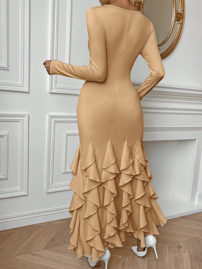 Chic Sophistication: Solid Color Frill Trim Fish Tail Bodycon Dress