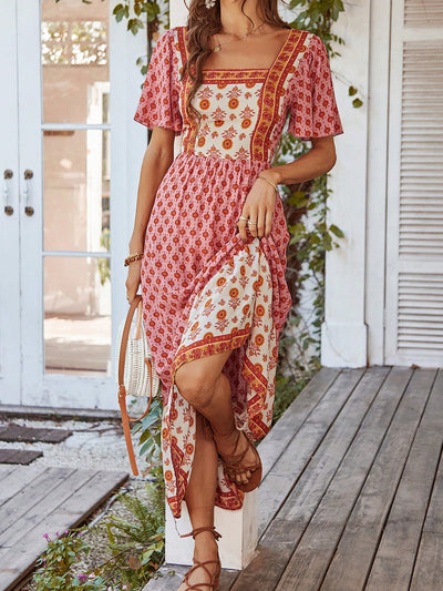 Boho Chic Printed Patchwork Square Neck Long Dress