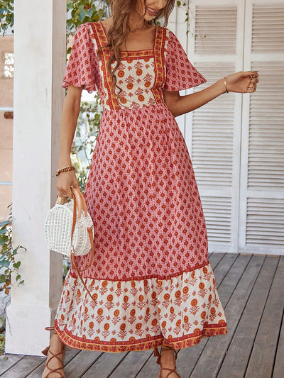 Boho Chic Printed Patchwork Square Neck Long Dress