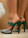 Chic Green Rhinestone-Embellished Pointed Toe High Heels with Elegant Thin Heels