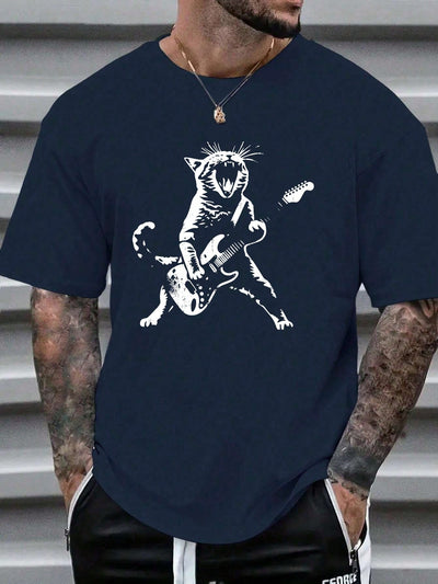 Rockin' Feline: Men's Cat Playing Guitar Printed T-Shirt