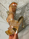 Shimmering Gold Pyramid Mules: Crystal-Studded High Heel Sandals for Summer Parties