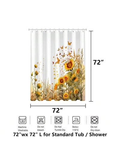 Rustic Floral Warmth: Autumn Sunflower Butterfly Shower Curtain Set