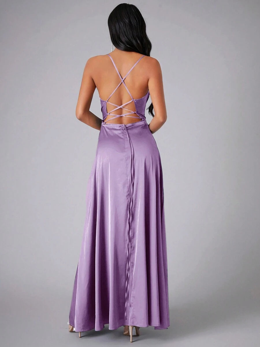 Back view of lilac gown showing crossed lace-up straps and open back