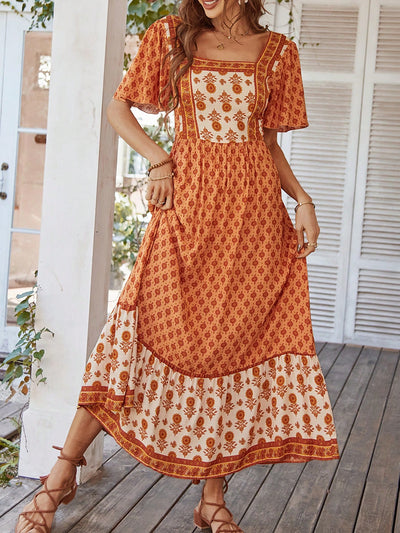 Boho Chic Printed Patchwork Square Neck Long Dress