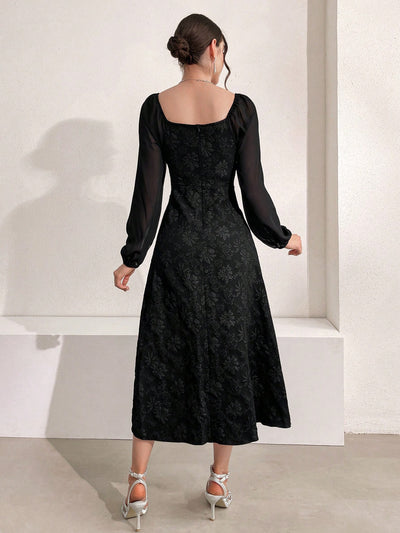 Elegant Floral Jacquard Lantern Sleeve Dress for Spring and Summer