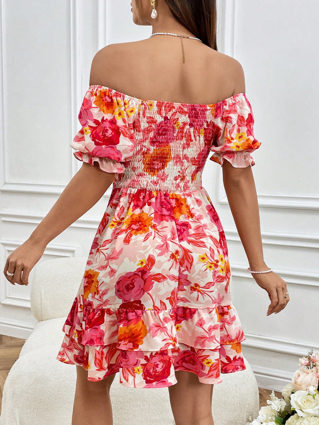 Get ready to ring in the new year in style with our Floral Print Off-Shoulder Ruffle Dress! This playful dress features a beautiful floral print, a flirty off-shoulder neckline, and flirty ruffle details. Perfect for any New Year celebration, this dress will have you feeling confident and chic.