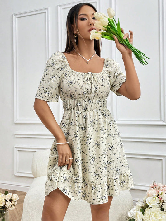 Floral Square Neck Sleeve Dress: Embrace Spring with Style